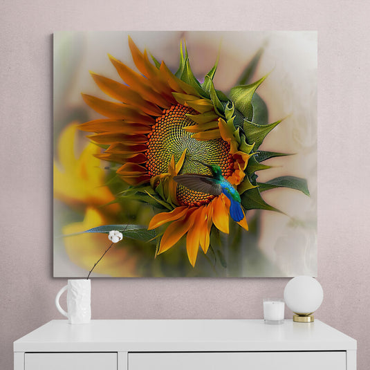 Colibrí azul-verde junto a vibrante girasol en cuadro decorativo