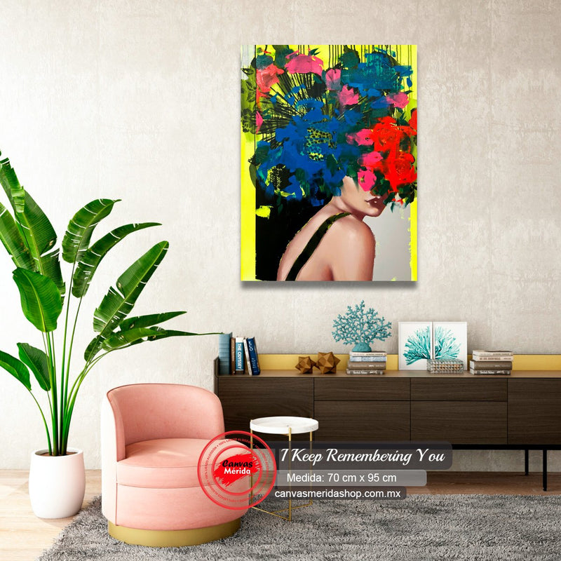 Cuadro expresionista abstracto con figura femenina y flores en colores vibrantes