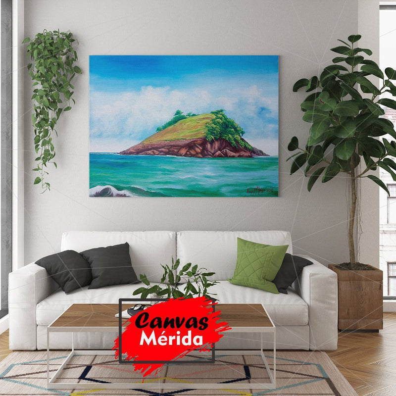 Pintura de una isla tropical solitaria con vegetación exuberante