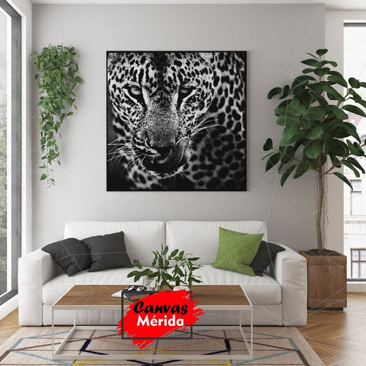 Retrato en blanco y negro de un leopardo con mirada intensa