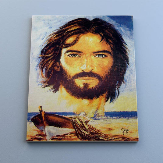 Retrato de Jesús con fondo marítimo y barca simbólica.

