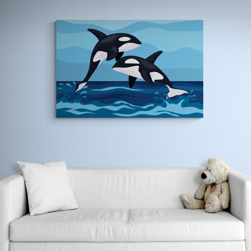 Dos orcas estilizadas saltando sobre las olas del mar