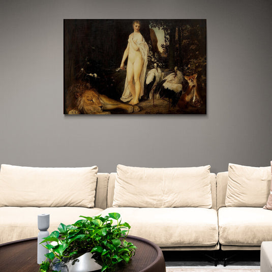 Pintura de mujer desnuda con animales en bosque, incluyendo león y cigüeña