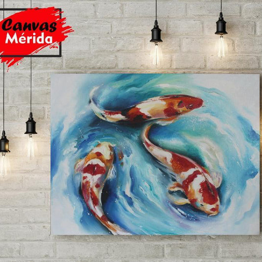 Pintura al óleo de peces koi nadando en remolino de agua azul