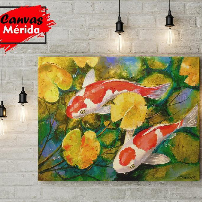 Pintura colorida de peces koi entre lirios acuáticos