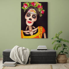 Retrato de La Catrina con maquillaje de calavera y corona de flores