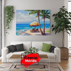 Pintura al óleo de una playa tranquila con tumbonas y palmeras