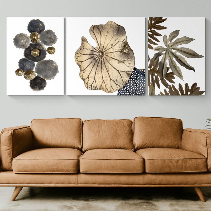 Set de cuadros con fondo blanco y hojas metálicas en dorado, bronce y plata