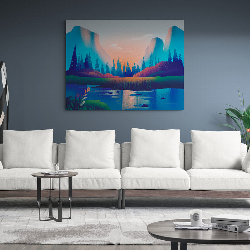 Paisaje de cuadro decorativo con lago sereno, montañas distantes y altos pinos verdes