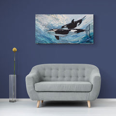 Pintura de dos orcas nadando juntas bajo el agua