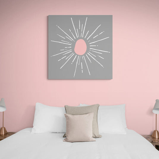 Obra de arte minimalista con óvalo rosa y rayos blancos sobre fondo gris