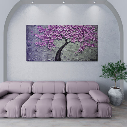 "Cuadro_Decorativo_Arbol_Tronco_Cafe_Flor_Morada_Fondo_Gris_Toque_Morado