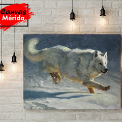 Pintura al óleo de lobo ártico corriendo en la nieve bajo luz de luna