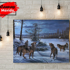 Cuadro de lobos aullando en un paisaje nevado nocturno con cabaña