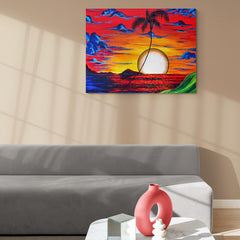 Pintura vibrante de un atardecer tropical con palmera y reflejos en el mar