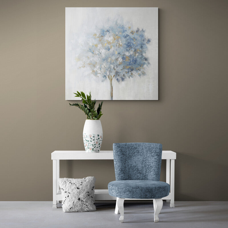 Arte minimalista con árbol azul en lienzo blanco - Decoración de pared sutil y calmante