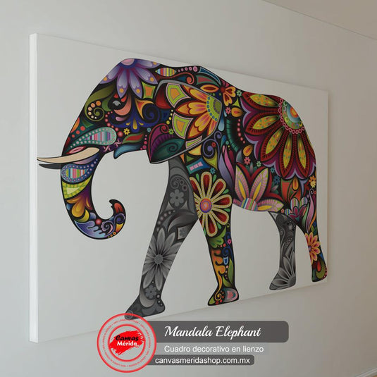 Cuadro de elefante decorado con patrones de mandala coloridos