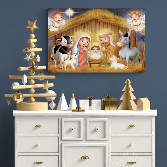 Cuadro_Decorativo_Nacimiento_Jesucristo_Estilo_Infantil_Caricaturesco_Virgen_Maria_Jose_Niño_Angelitos_Cielo_Estrellado_Estrella_Belen_Animalitos_Pesebre