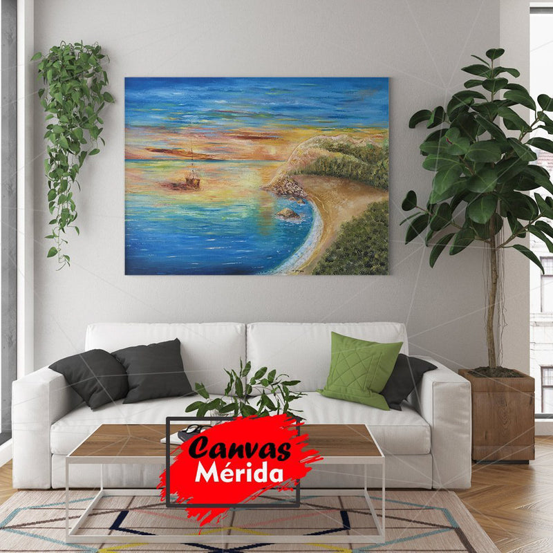 Pintura al óleo de un paisaje marino con barco, playa y vegetación al atardecer