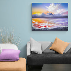 Pintura abstracta que representa un cielo de amanecer reflejado en el agua