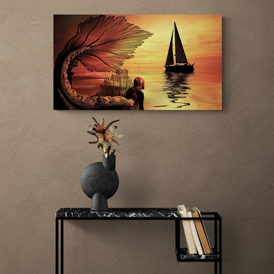 Pintura surrealista de sirena y velero en el atardecer