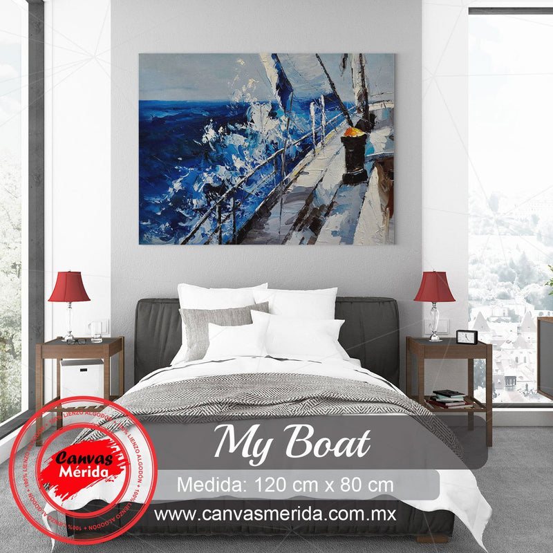 Pintura al óleo de un barco navegando en un mar agitado