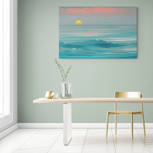 Pintura minimalista de un amanecer sobre un mar tranquilo