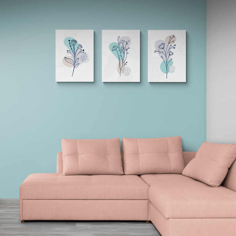 Tres paneles de arte lineal con flores en tonos azules y marrones
