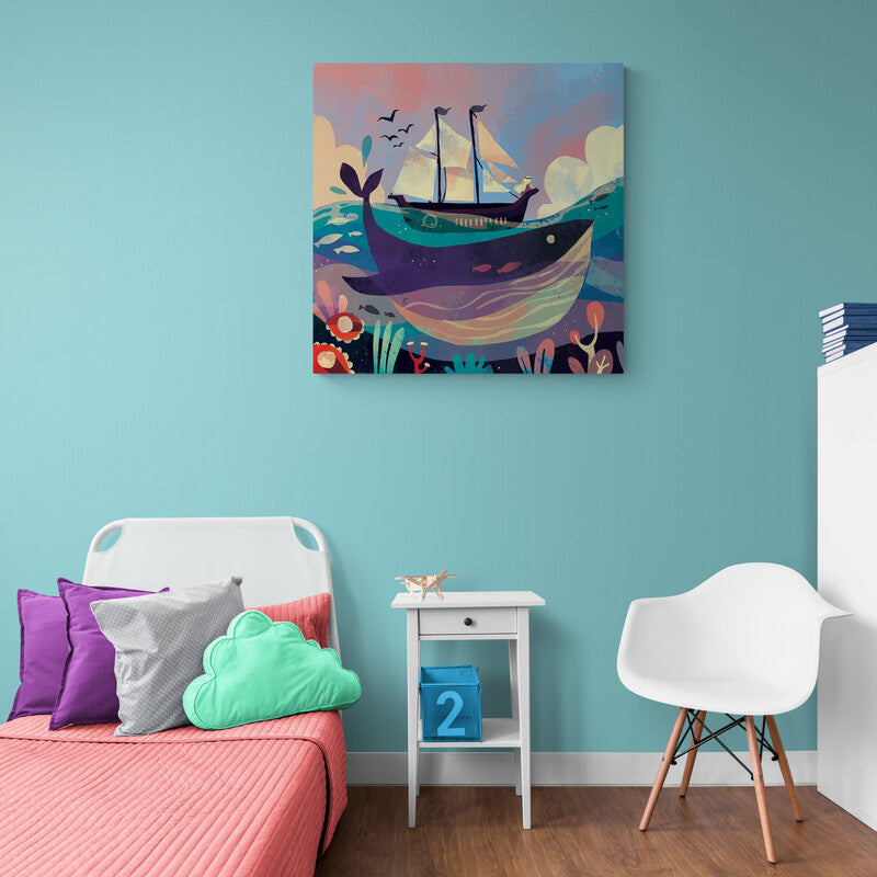 Ilustración estilizada de un barco y una ballena en un mar colorido