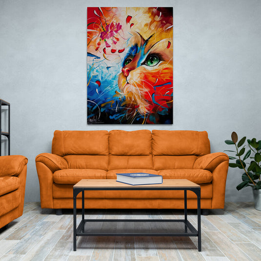 Pintura colorida y expresiva de un gato con ojos verdes