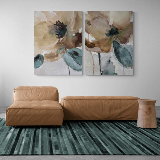 Cuadro de flores pintado con acuarela en tonos azules, cafés y cremita