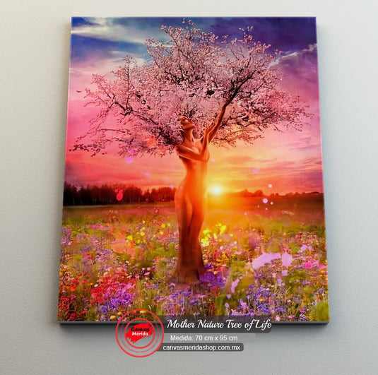 Atardecer con paisaje floral y árbol-mujer en tonos rosas y morados