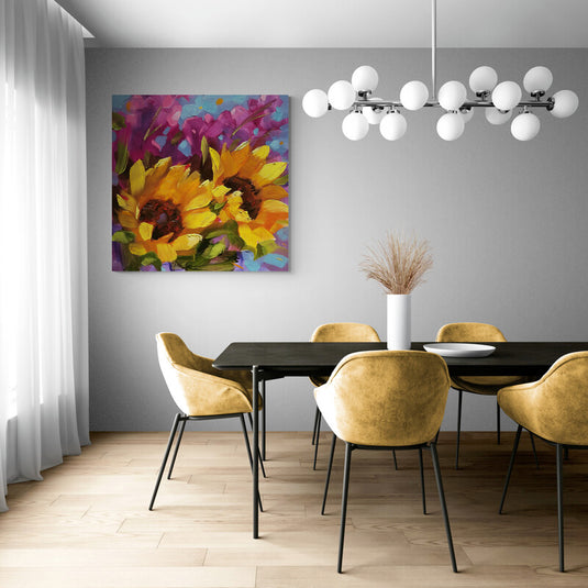 Pintura al óleo de girasoles vibrantes