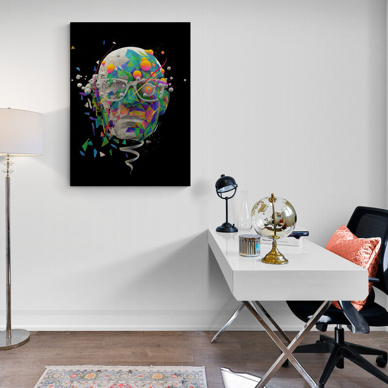 Arte pop multicolor con cráneo y formas geométricas abstractas sobre fondo negro