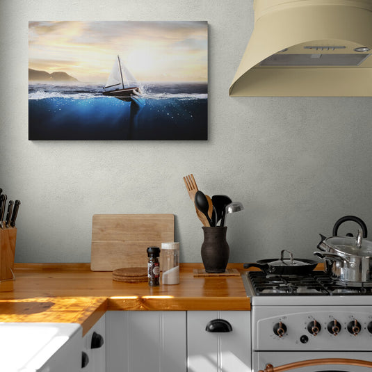 Arte de un velero al atardecer navegando en un mar dinámico y luminoso