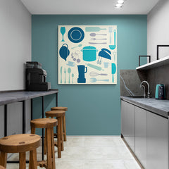 Ilustración gráfica de utensilios de cocina en tonos azules y grises
