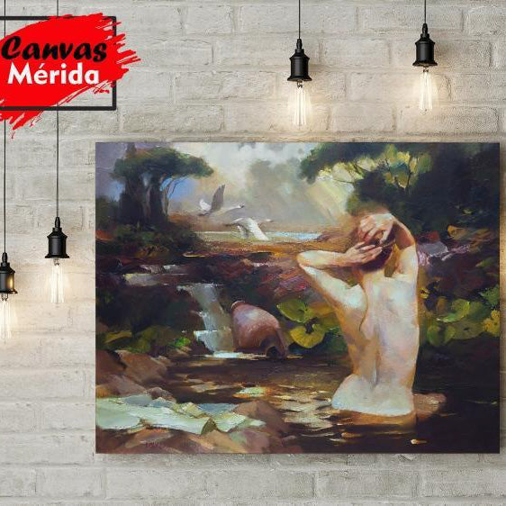 Pintura antigua de mujer desnuda en lago, recogiendo cabello, rodeada de arboles y cisnes volando