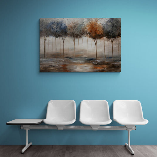 cuadro_decorativo_abstracto_arboles_delgados_ramas_formando_círculos_en_naranja_azul_gris_con_fondo_colores_fríos
