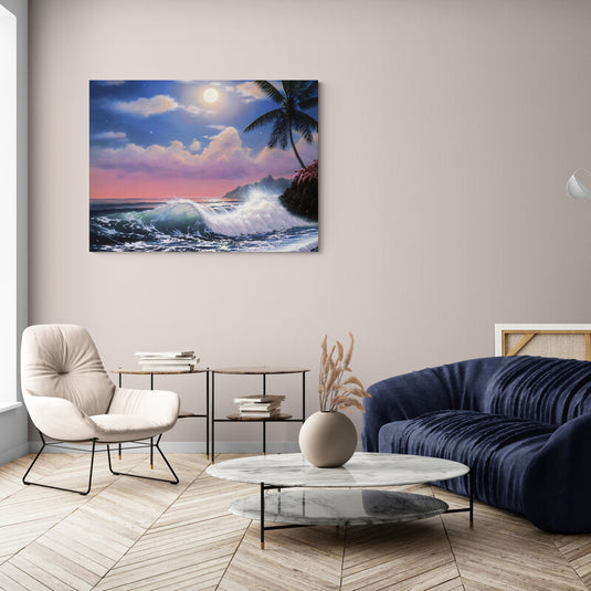 Pintura de ola marina al atardecer con palmera y luna