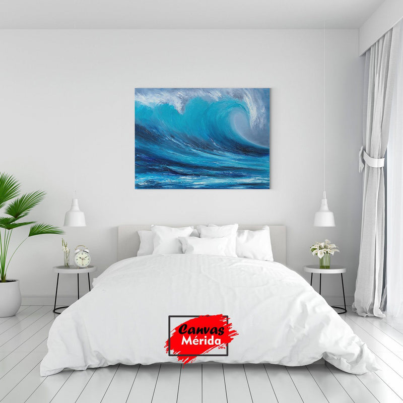 Pintura al óleo de una ola azul turquesa en movimiento