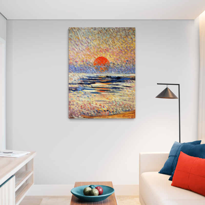 Pintura impresionista del sol naciente sobre el mar con pinceladas vibrantes