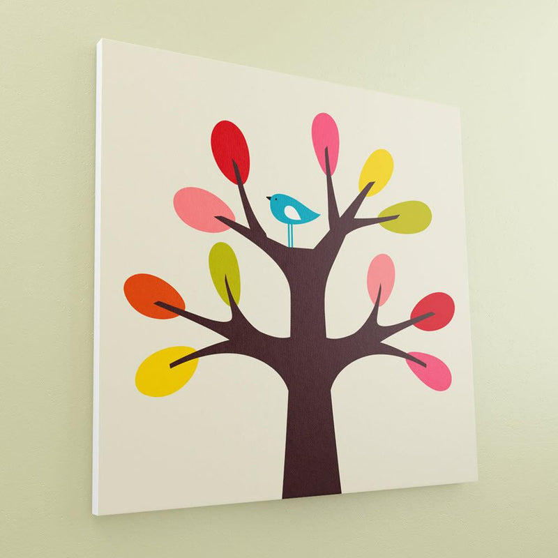 Cuadro infantil con árbol café, hojas multicolores y pájaro azul sobre fondo blanco