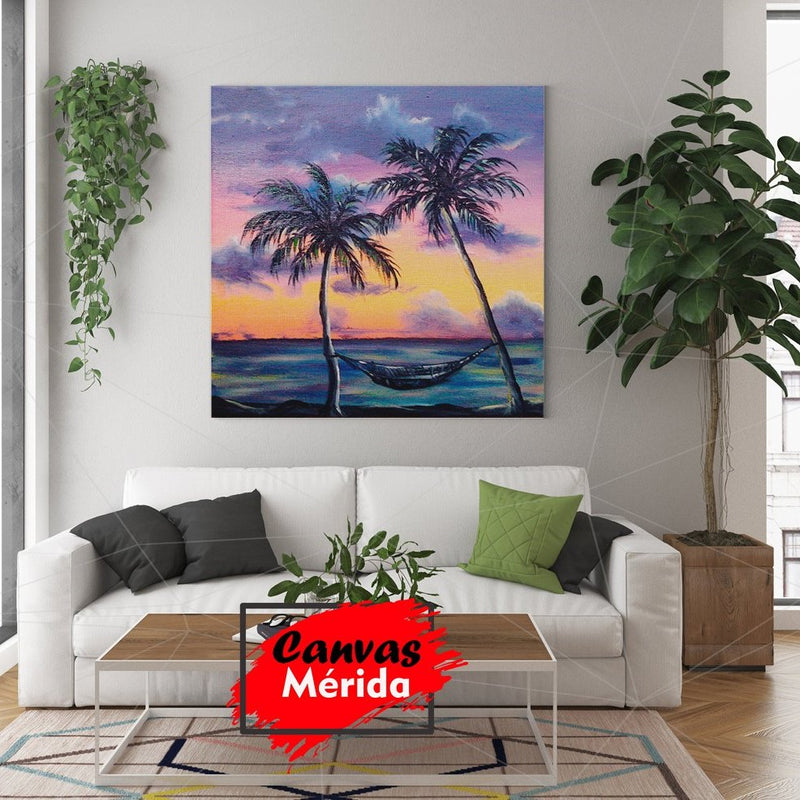 Pintura de una hamaca entre dos palmeras con atardecer tropical de fondo