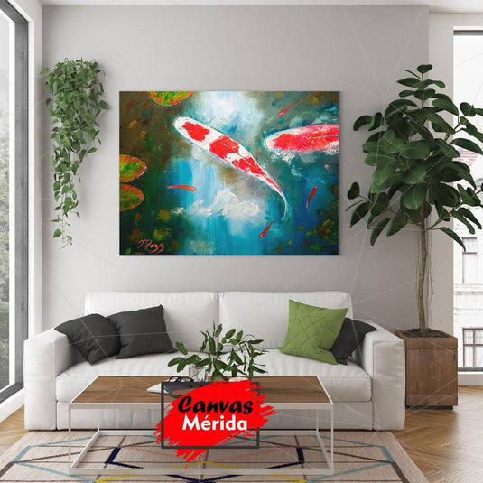 Pintura expresionista de peces Koi entre lirios de agua