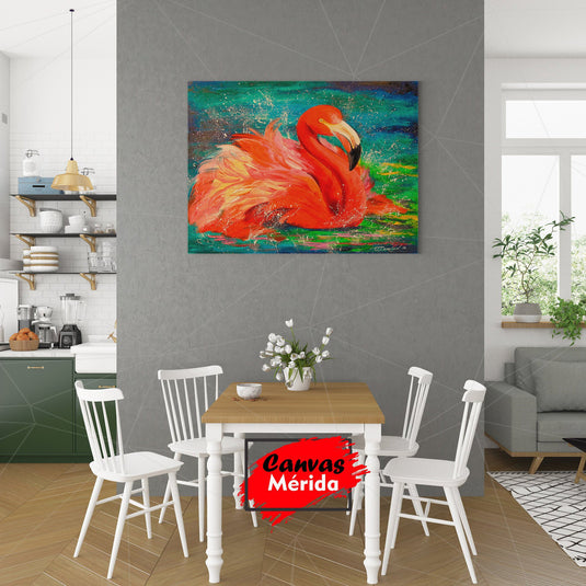 Pintura vibrante de flamenco en cocina moderna