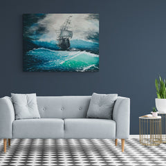 Pintura de un velero en altamar durante una tormenta