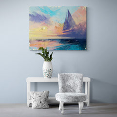 Pintura impresionista de un velero al atardecer con cielo de colores pastel