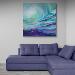 Pintura abstracta que representa una gran ola con tonalidades azules y verdes
