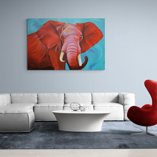 Elefante rojo en fondo azul