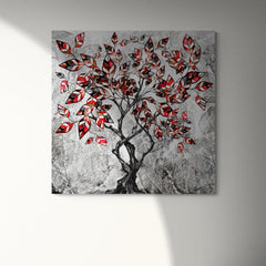 Árbol con hojas rojizas sobre fondo gris en cuadro decorativo